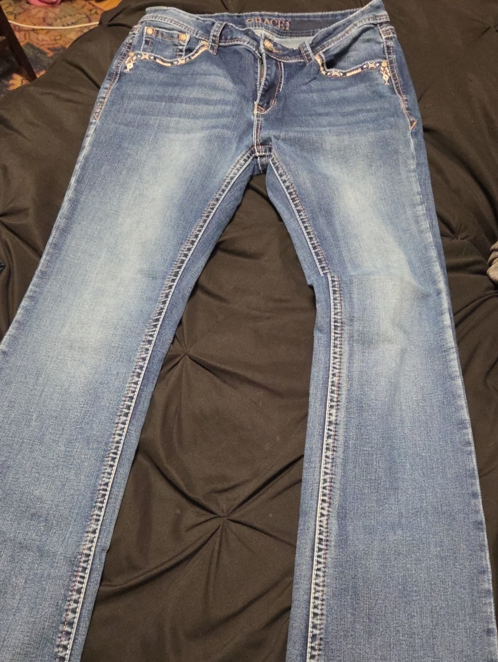 Grace in LA Light Blue Flare Jeans with Subtle Fading